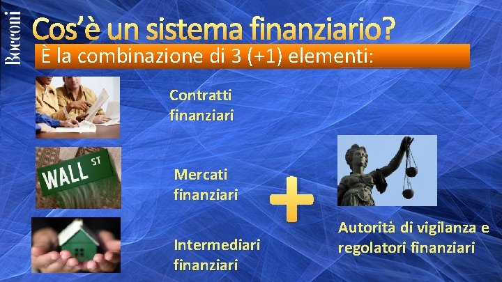 Cos’è un sistema finanziario? È la combinazione di 3 (+1) elementi: Contratti finanziari Mercati