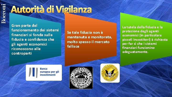 Autorità di Vigilanza Gran parte del funzionamento dei sistemi finanziari si fonda sulla fiducia