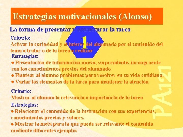Estrategias motivacionales (Alonso) La forma de presentar y estructurar la tarea 1 PA 121