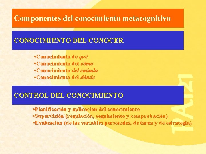 Componentes del conocimiento metacognitivo • Conocimiento de qué • Conocimiento del cómo • Conocimiento