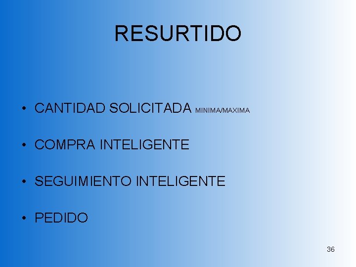 RESURTIDO • CANTIDAD SOLICITADA MINIMA/MAXIMA • COMPRA INTELIGENTE • SEGUIMIENTO INTELIGENTE • PEDIDO 36 RESURTIDO • CANTIDAD SOLICITADA MINIMA/MAXIMA • COMPRA INTELIGENTE • SEGUIMIENTO INTELIGENTE • PEDIDO 36