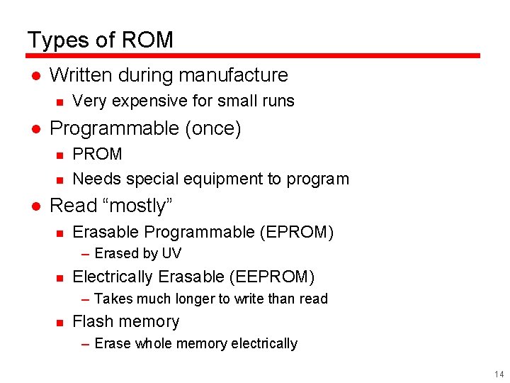 Types of ROM l Written during manufacture n l Programmable (once) n n l