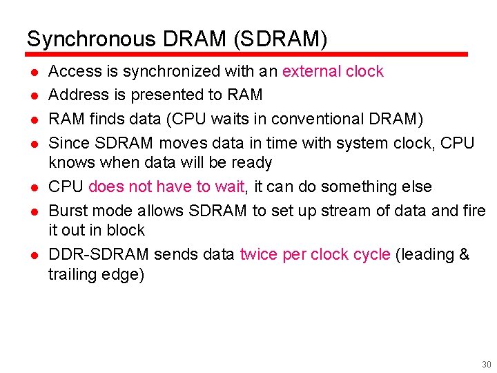 Synchronous DRAM (SDRAM) l l l l Access is synchronized with an external clock