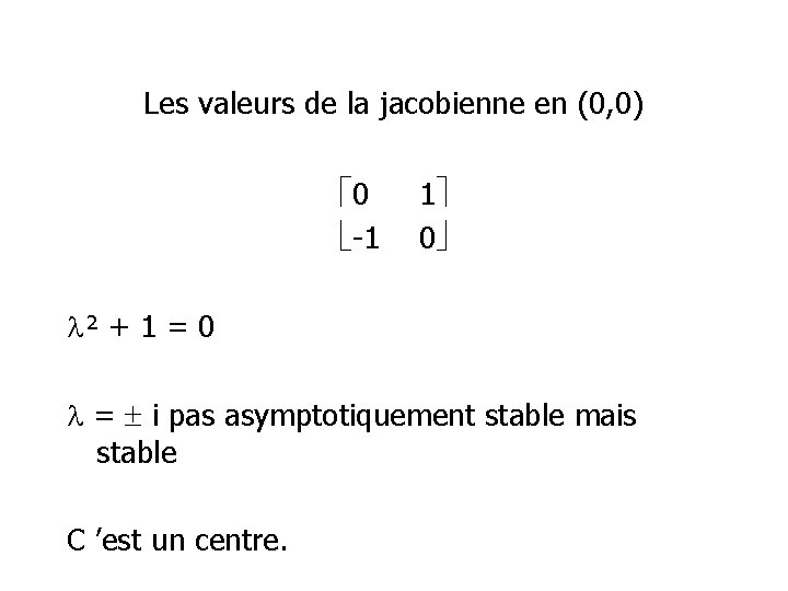 Les valeurs de la jacobienne en (0, 0) 0 -1 1 0 ² +