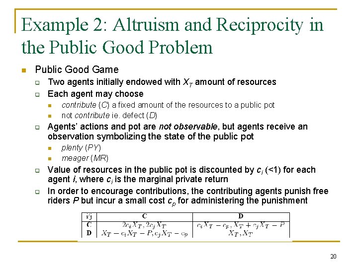 Example 2: Altruism and Reciprocity in the Public Good Problem n Public Good Game