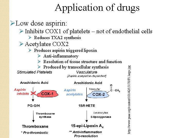 Application of drugs ØLow dose aspirin: Ø Inhibits COX 1 of platelets – not