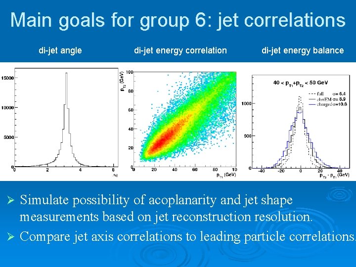 Main goals for group 6: jet correlations di-jet angle di-jet energy correlation di-jet energy