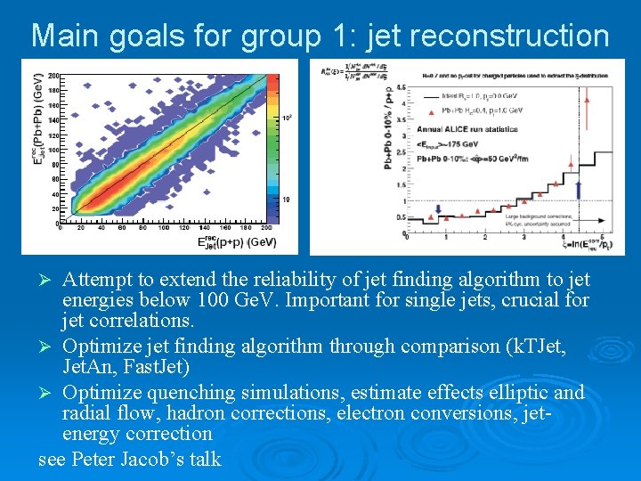 Main goals for group 1: jet reconstruction Attempt to extend the reliability of jet