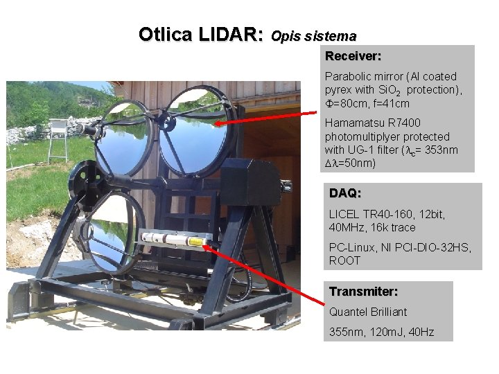 Otlica LIDAR: Opis sistema Receiver: Parabolic mirror (Al coated pyrex with Si. O 2