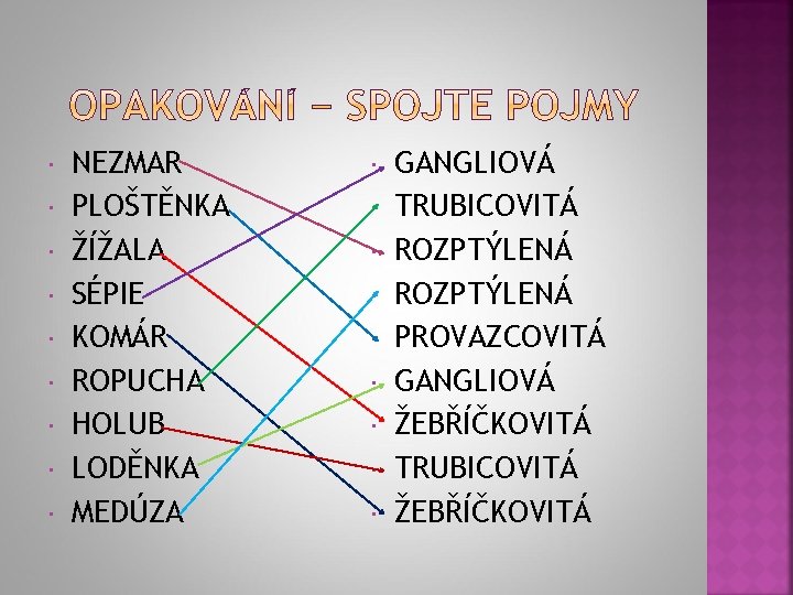  NEZMAR PLOŠTĚNKA ŽÍŽALA SÉPIE KOMÁR ROPUCHA HOLUB LODĚNKA MEDÚZA GANGLIOVÁ TRUBICOVITÁ ROZPTÝLENÁ PROVAZCOVITÁ