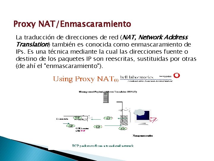 Proxy NAT/Enmascaramiento La traducción de direcciones de red (NAT, Network Address Translation) también es