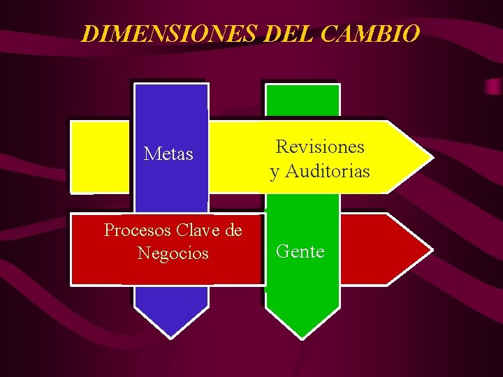 DIMENSIONES DEL CAMBIO Metas Procesos Clave de Negocios Revisiones y Auditorias Gente 