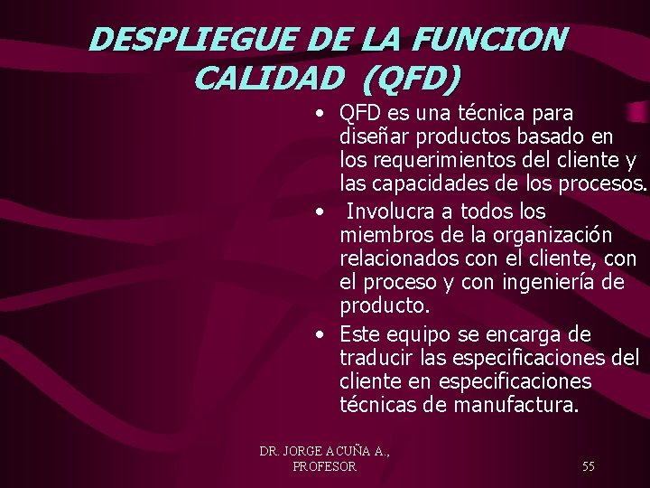 DESPLIEGUE DE LA FUNCION CALIDAD (QFD) • QFD es una técnica para diseñar productos