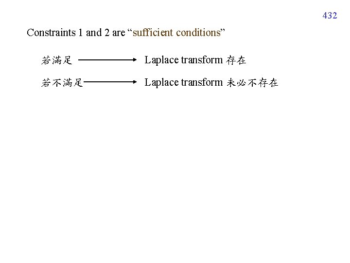 432 Constraints 1 and 2 are “sufficient conditions” 若滿足 Laplace transform 存在 若不滿足 Laplace 432 Constraints 1 and 2 are “sufficient conditions” 若滿足 Laplace transform 存在 若不滿足 Laplace