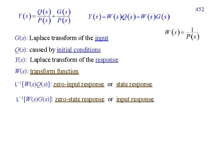 452 G(s): Laplace transform of the input Q(s): caused by initial conditions Y(s): Laplace 452 G(s): Laplace transform of the input Q(s): caused by initial conditions Y(s): Laplace