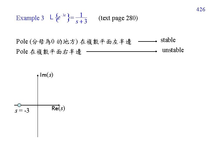 426 Example 3 (text page 280) Pole (分母為 0 的地方) 在複數平面左半邊 stable Pole 在複數平面右半邊 426 Example 3 (text page 280) Pole (分母為 0 的地方) 在複數平面左半邊 stable Pole 在複數平面右半邊