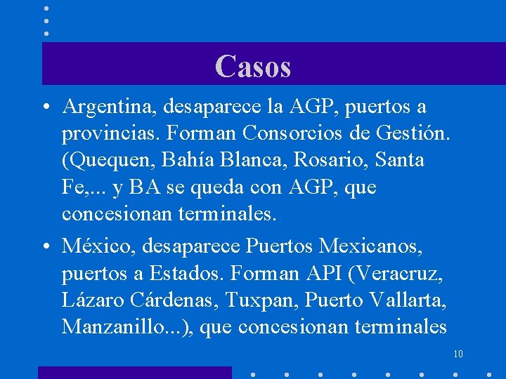 Casos • Argentina, desaparece la AGP, puertos a provincias. Forman Consorcios de Gestión. (Quequen,