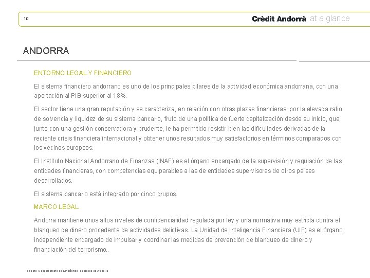 at a glance 10 ANDORRA ENTORNO LEGAL Y FINANCIERO El sistema financiero andorrano es