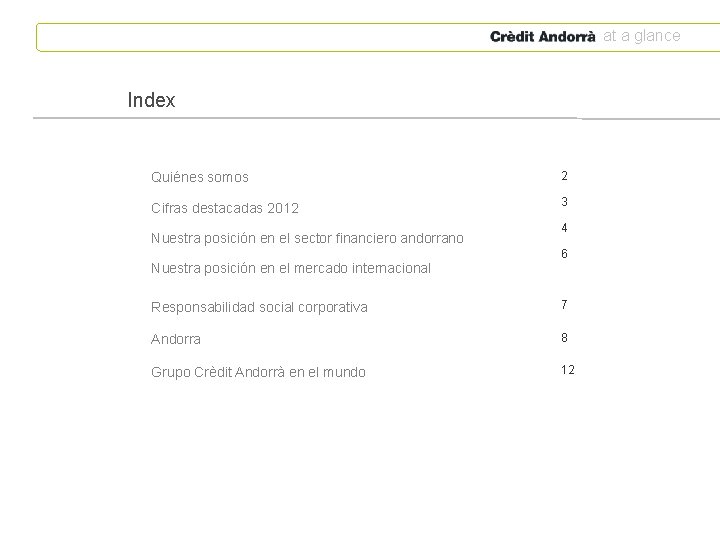 at a glance Index Quiénes somos 2 Cifras destacadas 2012 3 Nuestra posición en