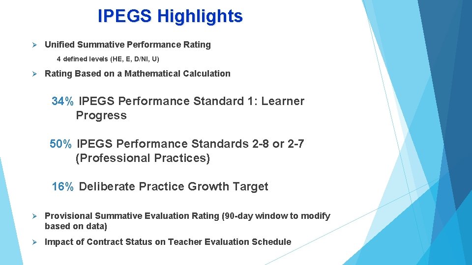 IPEGS Highlights Ø Unified Summative Performance Rating 4 defined levels (HE, E, D/NI, U)