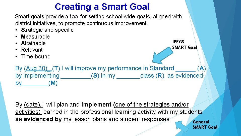 Creating a Smart Goal Smart goals provide a tool for setting school-wide goals, aligned