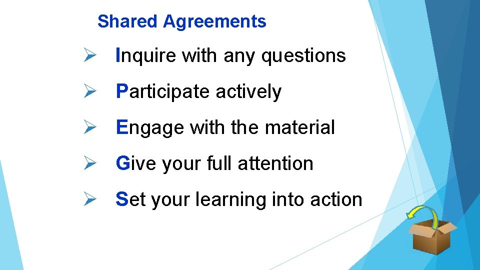 Shared Agreements Ø Inquire with any questions Ø Participate actively Ø Engage with the