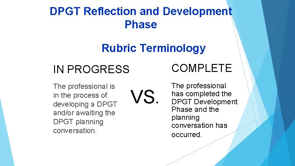 DPGT Reflection and Development Phase Rubric Terminology IN PROGRESS COMPLETE The professional is in