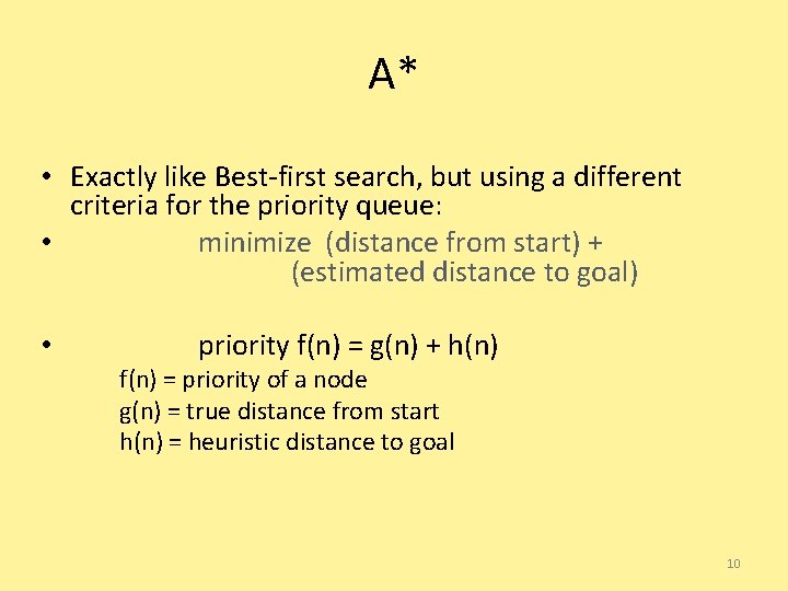A* • Exactly like Best-first search, but using a different criteria for the priority
