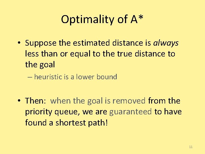 Optimality of A* • Suppose the estimated distance is always less than or equal