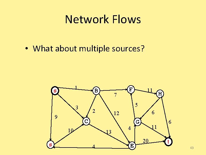 Network Flows • What about multiple sources? 1 s B 3 9 H 6