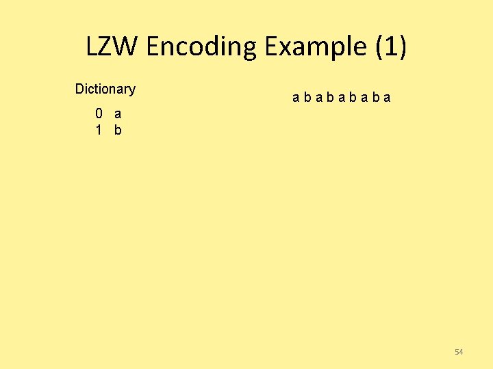 LZW Encoding Example (1) Dictionary ababa 0 a 1 b 54 