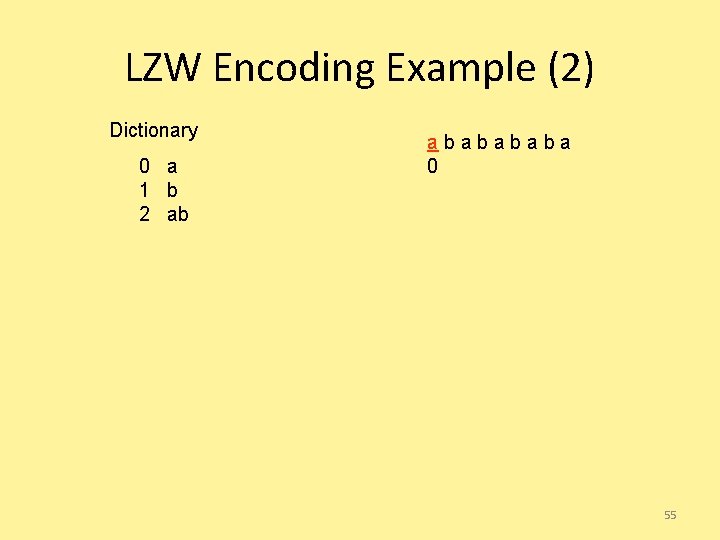 LZW Encoding Example (2) Dictionary 0 a 1 b 2 ab ababa 0 55