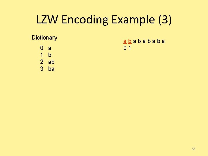 LZW Encoding Example (3) Dictionary 0 1 2 3 a b ab ba ababa