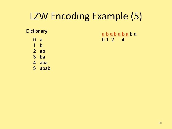 LZW Encoding Example (5) Dictionary 0 1 2 3 4 5 a b ab