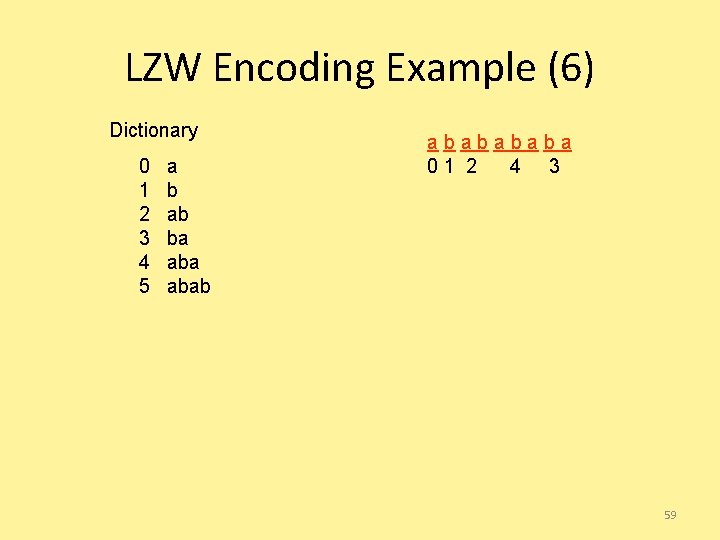 LZW Encoding Example (6) Dictionary 0 1 2 3 4 5 a b ab