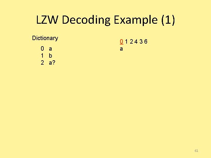 LZW Decoding Example (1) Dictionary 0 a 1 b 2 a? 012436 a 61