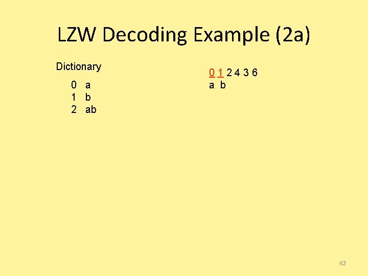 LZW Decoding Example (2 a) Dictionary 0 a 1 b 2 ab 012436 a