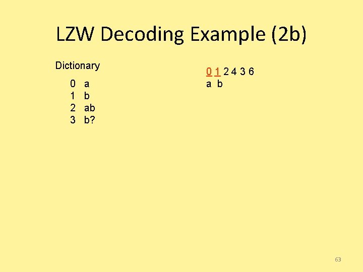 LZW Decoding Example (2 b) Dictionary 0 1 2 3 a b ab b?