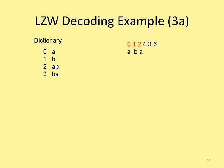 LZW Decoding Example (3 a) Dictionary 0 1 2 3 a b ab ba