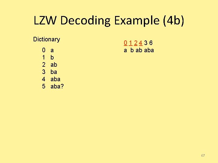 LZW Decoding Example (4 b) Dictionary 0 1 2 3 4 5 a b