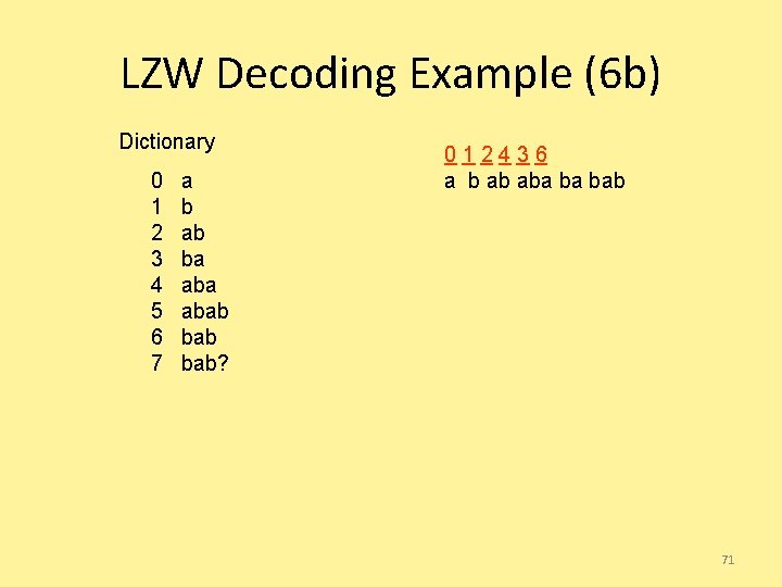 LZW Decoding Example (6 b) Dictionary 0 1 2 3 4 5 6 7