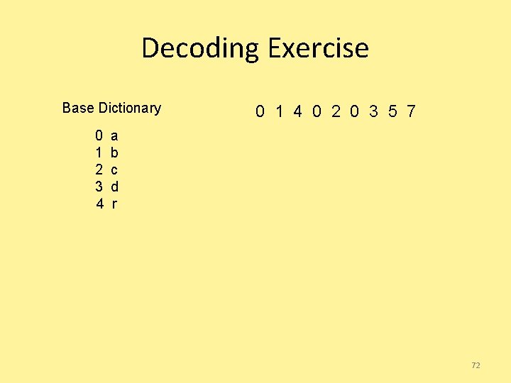 Decoding Exercise Base Dictionary 0 1 2 3 4 0 1 4 0 2