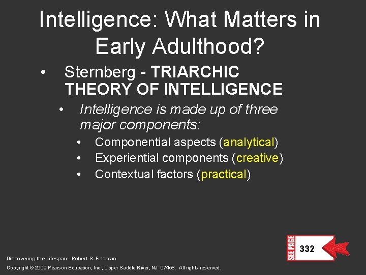 Intelligence: What Matters in Early Adulthood? • Sternberg - TRIARCHIC THEORY OF INTELLIGENCE •