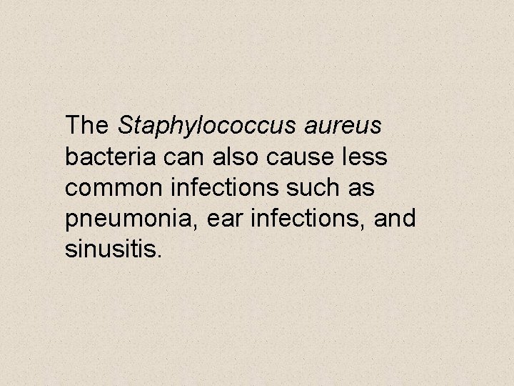 The Staphylococcus aureus bacteria can also cause less common infections such as pneumonia, ear