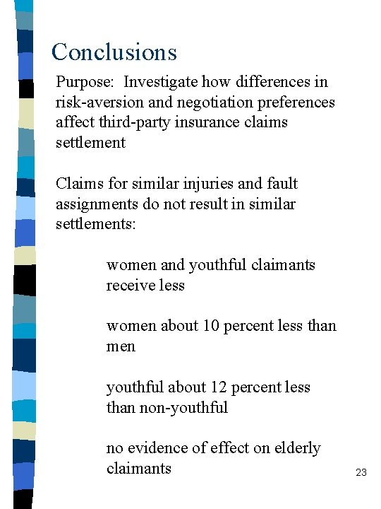 Conclusions Purpose: Investigate how differences in risk-aversion and negotiation preferences affect third-party insurance claims