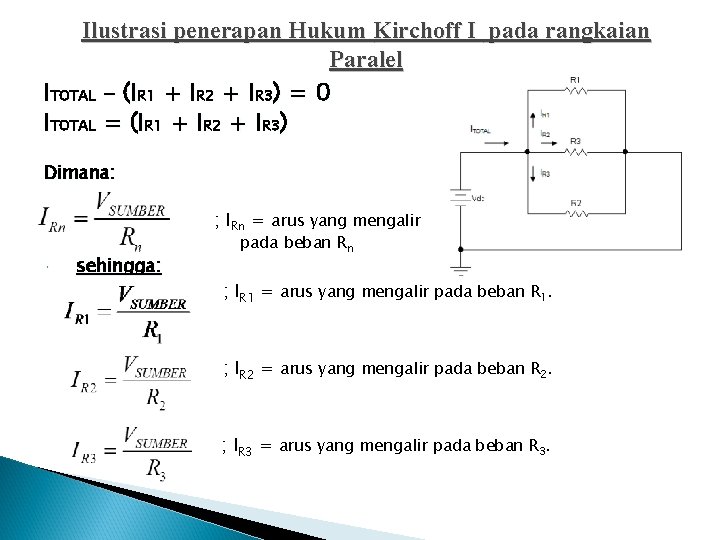 Ilustrasi penerapan Hukum Kirchoff I pada rangkaian Paralel ITOTAL – (IR 1 + IR