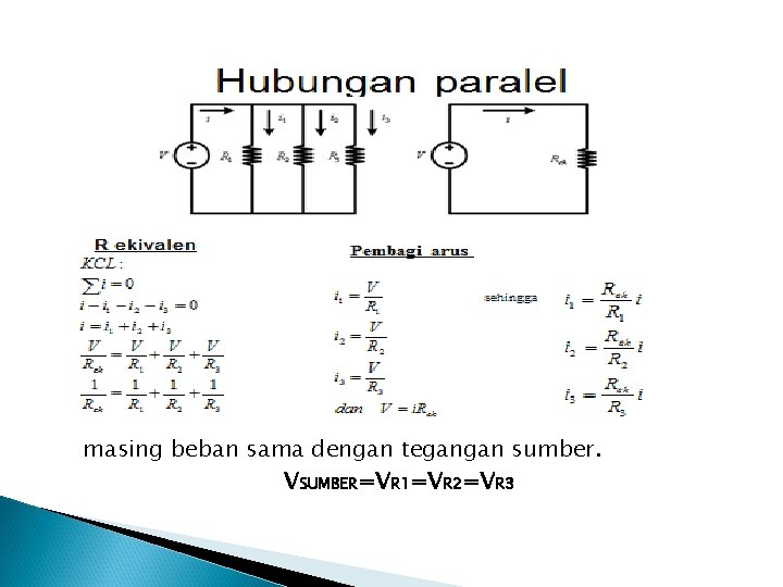  Pada rangkaian paralel, tegangan yang jatuh pada masing beban sama dengan tegangan sumber.