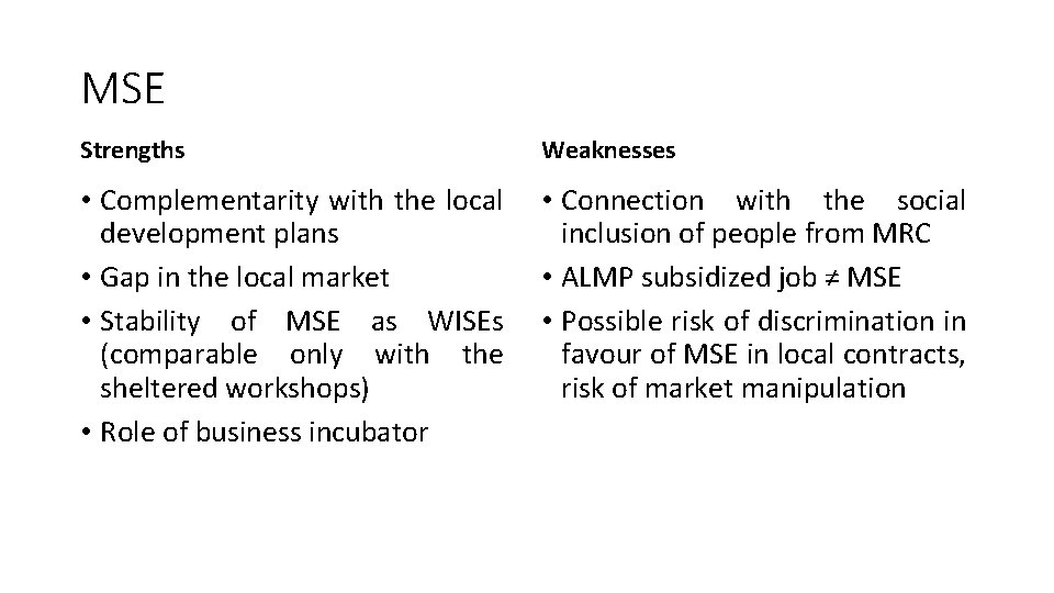 MSE Strengths Weaknesses • Complementarity with the local development plans • Gap in the