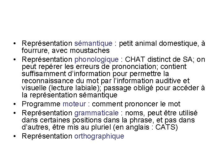 • Représentation sémantique : petit animal domestique, à fourrure, avec moustaches • Représentation • Représentation sémantique : petit animal domestique, à fourrure, avec moustaches • Représentation