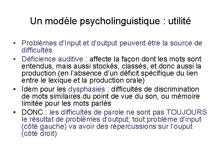 Un modèle psycholinguistique : utilité • Problèmes d’Input et d’output peuvent être la source Un modèle psycholinguistique : utilité • Problèmes d’Input et d’output peuvent être la source